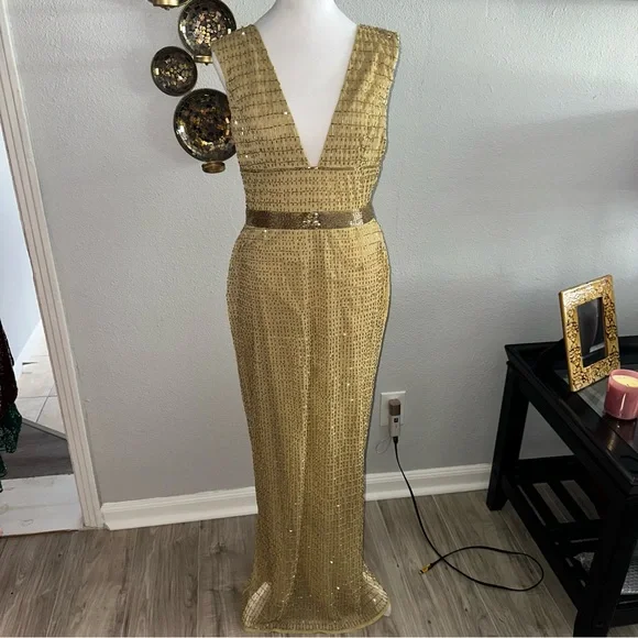 Mac Duggal | Dresses | Mac Duggal Gold Plunge Neck Sleeveless Cocktail Gown  | Poshmark